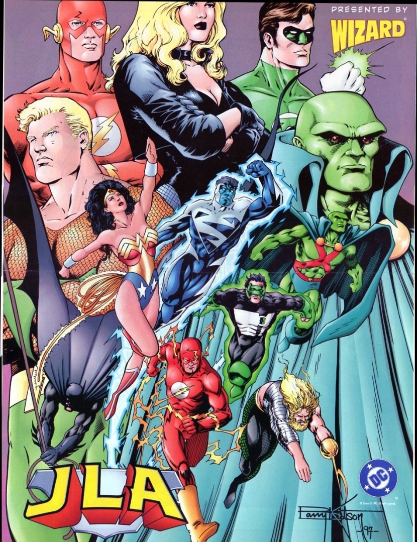 Promotional poster for the maxi-series Justice League: Year One (1998). Art by Barry Kitson.